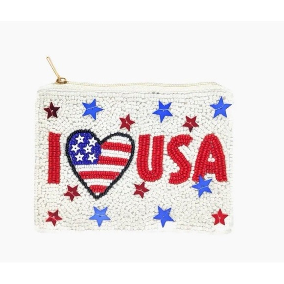 I Love USA American Flag Star Seed Bead Mini Pouch Bag Coin Purse Zip NEW - Picture 1 of 4